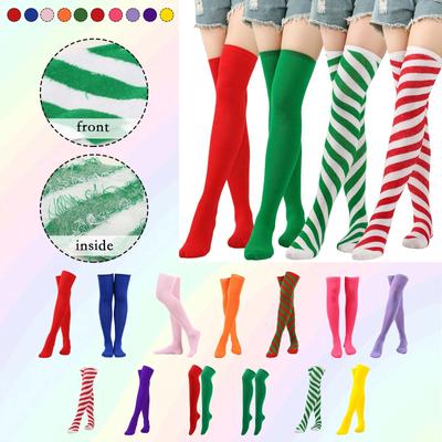 Striped Christmas Socks Over The Knee Socks Purple Socks Women Green Stockings Twill Socks