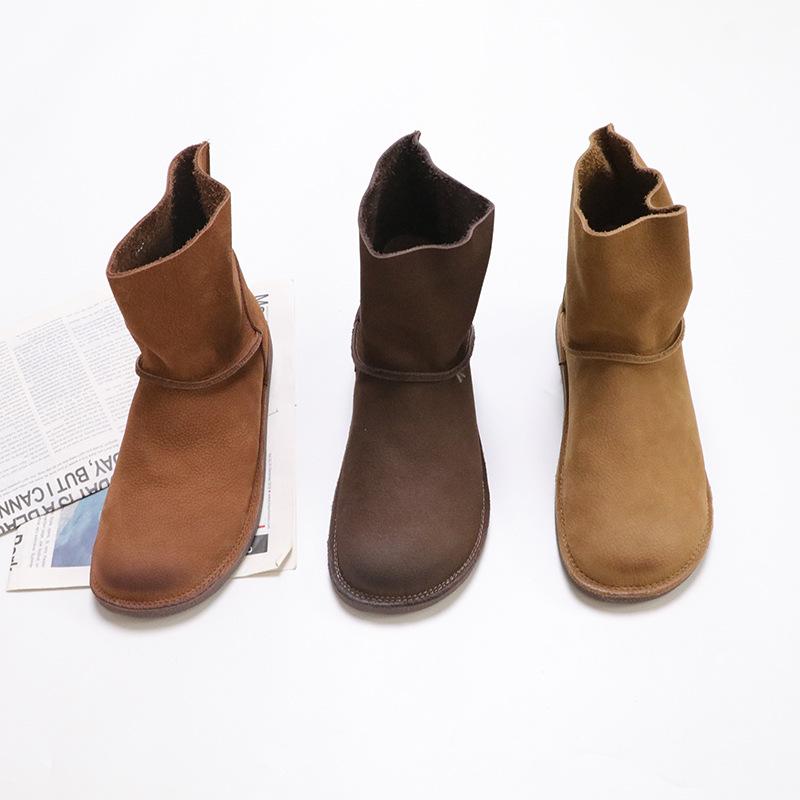 Johnature Vintage Handmade Genuine Leather Short Boots Solid Color Soft Cowhide Versatile Women Flat Boots