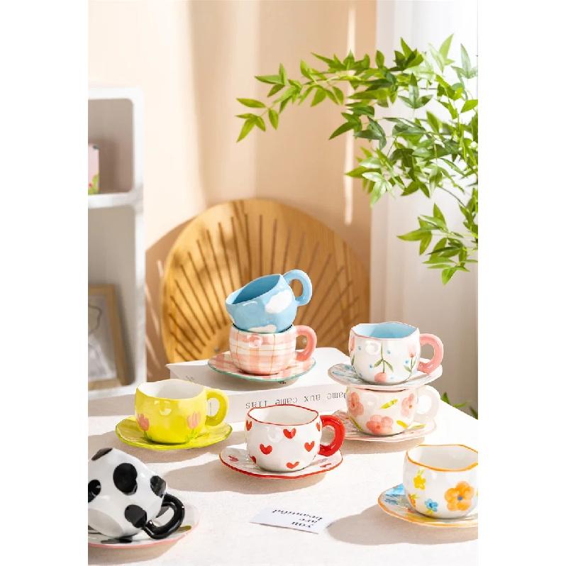 12 Styles Creative Cute Ceramic Mug Espresso Coffee Cup with Saucer Hand Pinched Irregular Flower Clouds Breakfast Milk Tea Cups