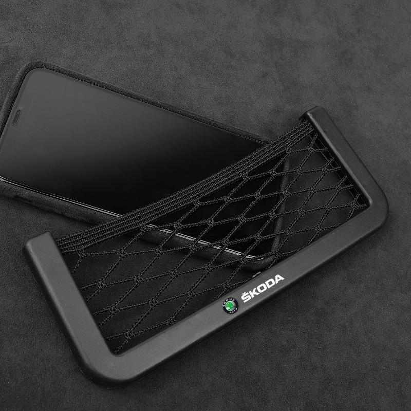 Car Organizer Storage Bag Auto Paste Net Pocket Phone Holder Car Accessories For Skoda Octavia Superb Rapid Kodiaq Karoq Fabia Kamiq Roomster Citigo