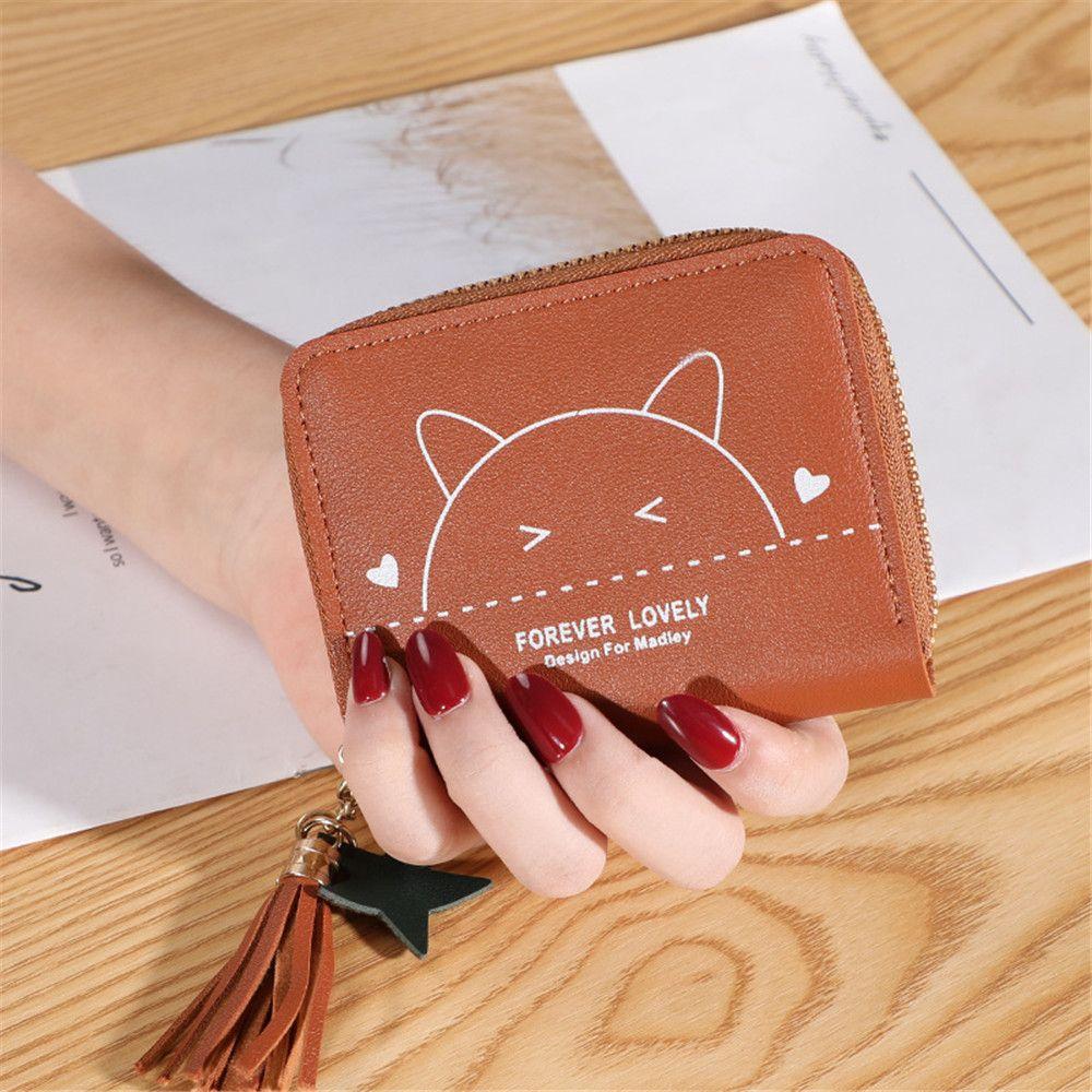 

Корейский тройной женский короткий мини-кошелек из искусственной кожи с кисточками и принтом кота