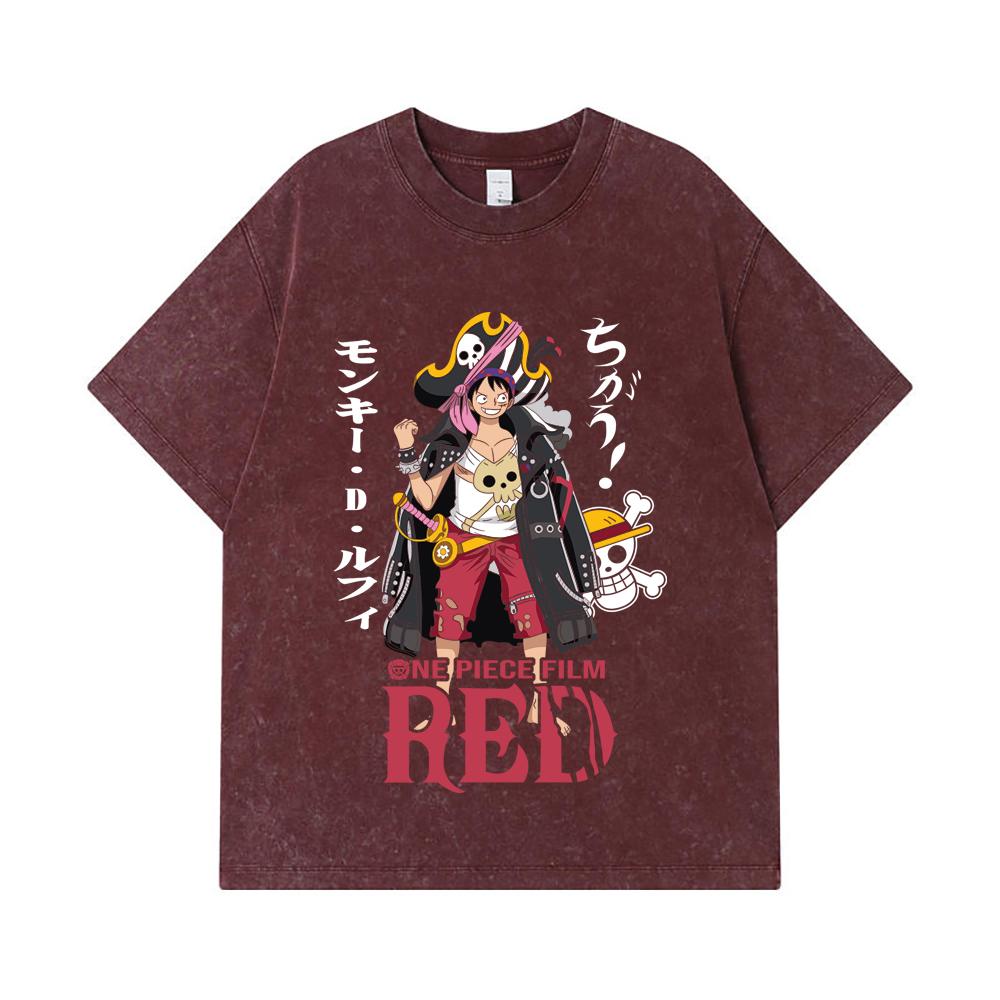 275 GSM Washed T-shirts 100% Cotton One Piece V79 Luffy Film Red Print Unisex Heavy Cotton T Shirt