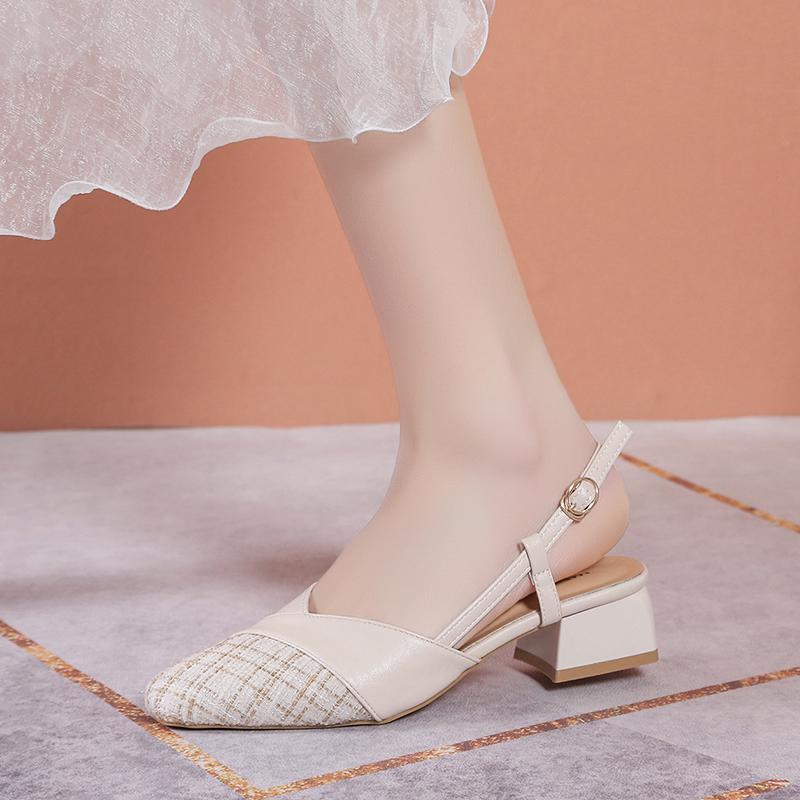 Buckle Strap Block Heels Med 2024 Summer Closed Toe Sandals Women Clear Shoes Suit Female Beige Chunky Medium Fashion Open Girls