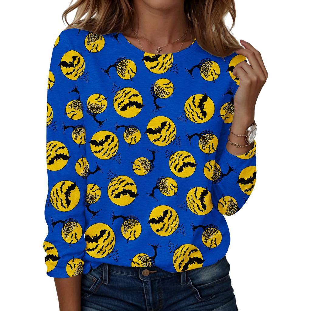 Women's Casual Long Sleeve Round Neck Top with Halloween Print for Party