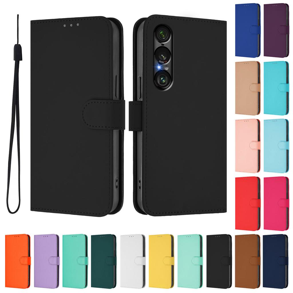 For Sony Xperia 1 VII Case Solid Color Wallet Leather Phone Cover with Strap