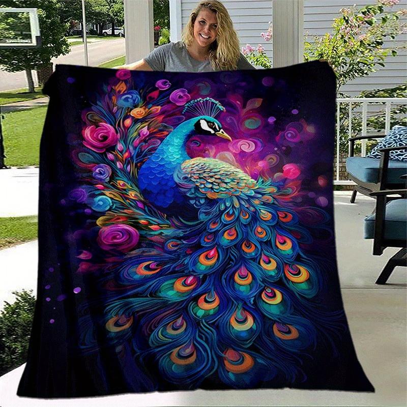 1pc Colorful Peacock Printing Lightweight Flannel Blanket, Comfortable and Warm Blanket, for Camping Sofa Bed and Couch Office, Gift