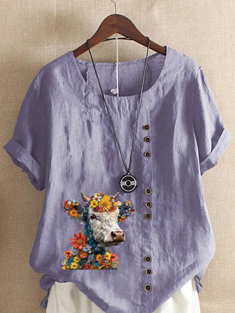 Women's Fashion Buffalo Print Round Neck Short Sleeve T-shirt Casual Cotton Linen Graphic Shirt Leisure Loose Summer Blouse Tops