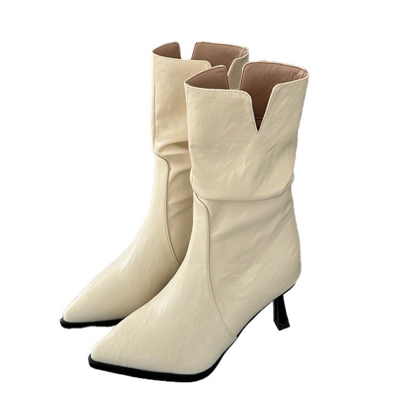 Französisches Temperament hochhackige dünne kurze Stiefel Kinder 2025 Herbst und Winter neu plissierte spitze kurze Schaft dünner Absatz nackte Stiefel