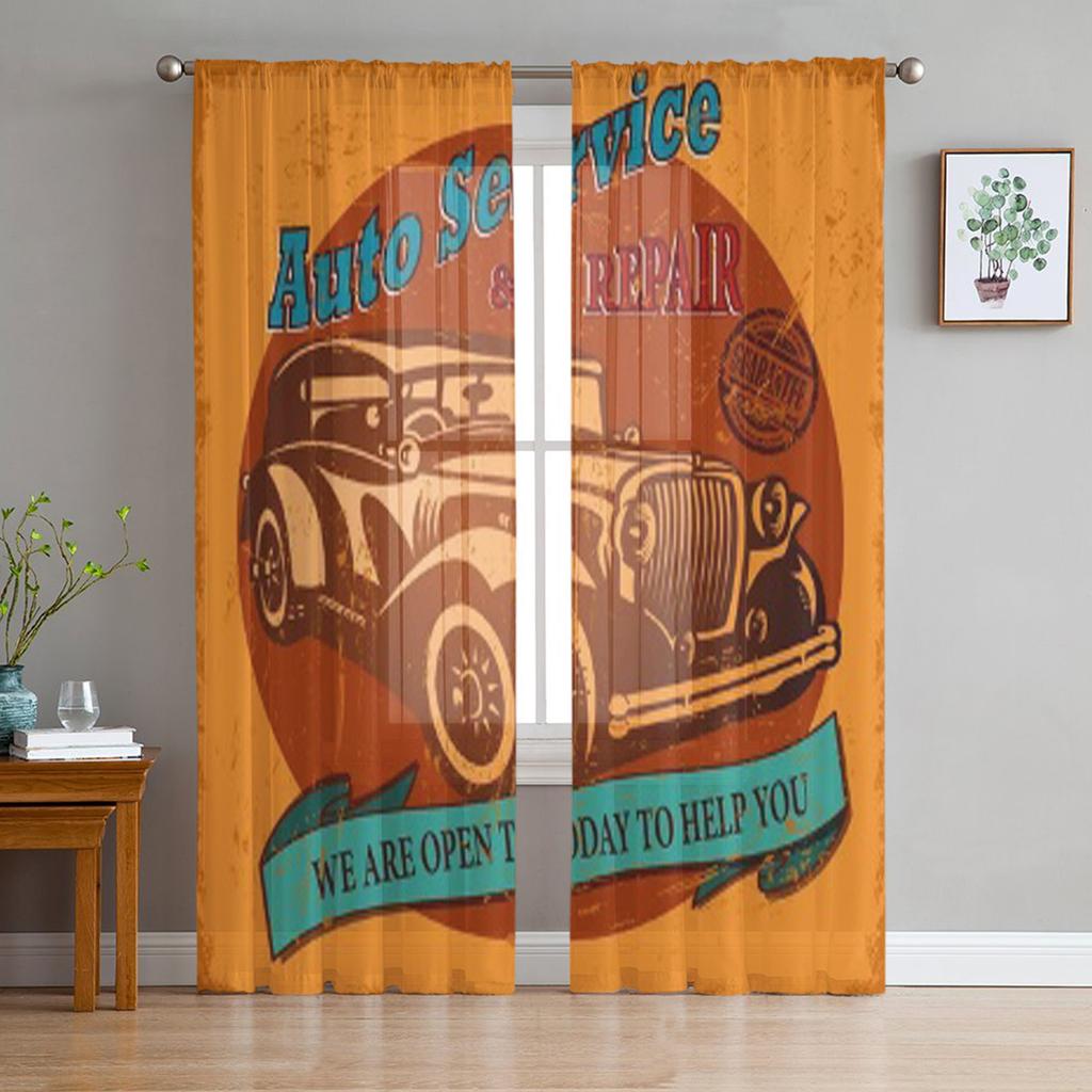 Vintage Auto Service Retro Poster Transparente Vorhänge für Wohnzimmer Transparenter Tüll Fenstervorhang Schlafzimmer Küche Schleier Drapierungen
