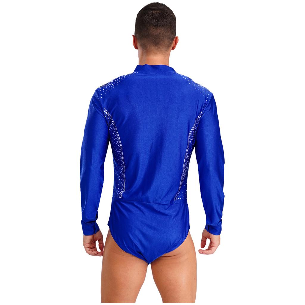 Mens Figure Skating Latin Dance Bodysuit V Neck Long Sleeve Sparkling Rhinestones Stage Performance Leotard