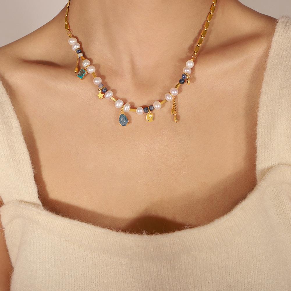 European-American Court Style Gold-Plated Titanium Necklace with Freshwater Pearls & Natural Stone Beads