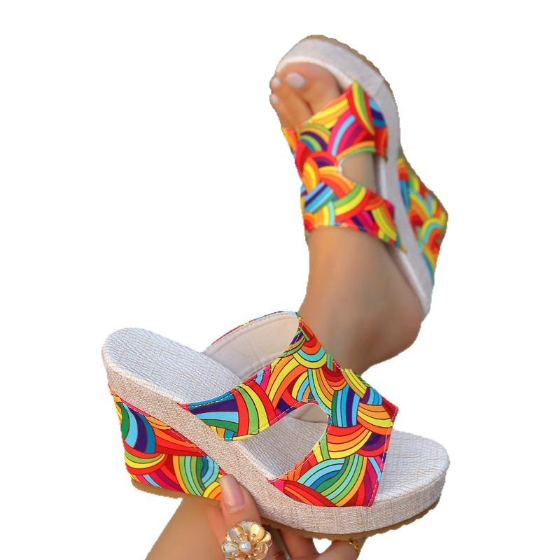 New Summer Colorful Print Wedge Fashion Platform Peep‑Toe High‑Heel Beach Casual Vacation Slide Slippers
