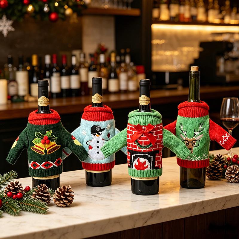 Christmas Wine Bottle Covers - Festive Knitted Decorations for Holiday Table Setting
