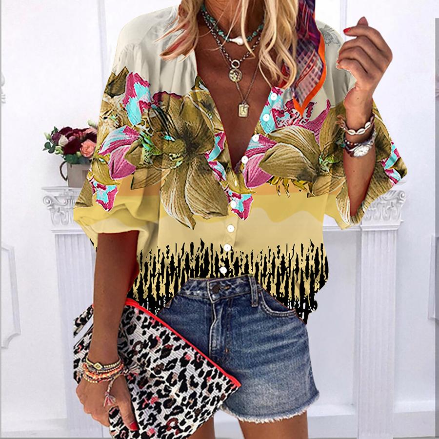 2023 sommer Herbst Neue Mode frauen Tops Schöne Weiße Lotus Blume. Bedrucktes, halblanges, lässiges Button-Down-Hemd in Übergröße mit Ballonärmeln