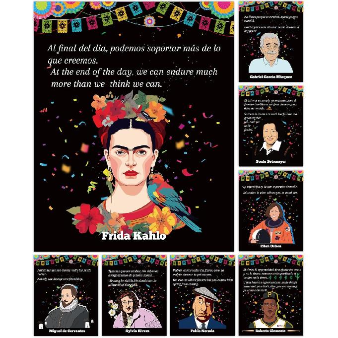 Fiupan Spanish English Hispanic Heritage Month Poster, 8Pcs Back to School Celebrity Motivational Quotes Classroom Poster Set, Festival Celebration чёрный