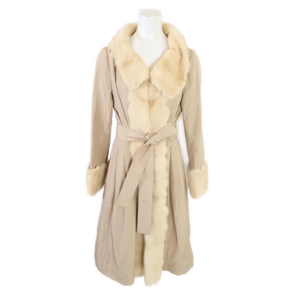 FOXEY BOUTIQUE [Good Condition] 23158 Silk X Mink Fur Waist Tuck Belted Long Coat 40 beigeUsed