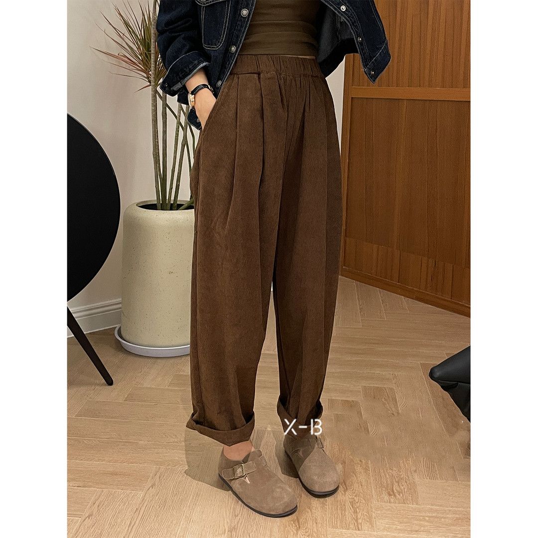 

Осенние панталоны винтажные модные брюки повседневные с высокой талией теплые женские вельветовые мешковатые шаровары большого размера S