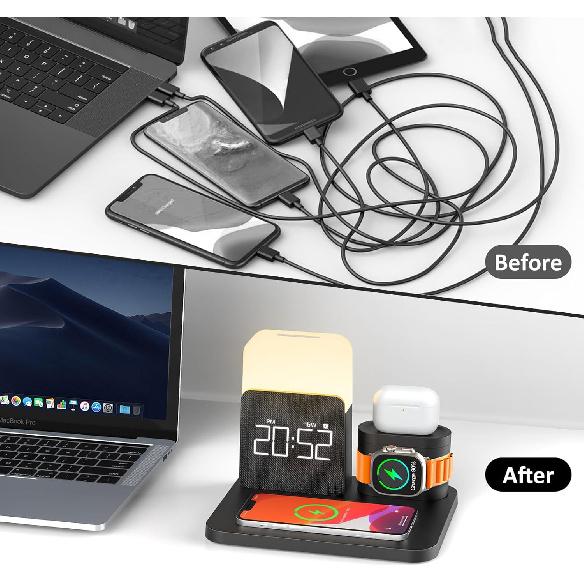 3 In 1 Charging Station for iPhone, Alarm Clock, Night Light, Wireless Charger for iPhone 15 14 13 12 11 X Pro Max & Apple Watch - Charging Stand
