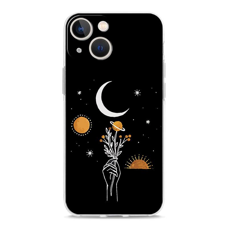 Phone Case For iPhone 15 14 13 12 Mini 11 Pro Max XS X XR 7 8 Plus Clear Shockproof TPU Cover Simplicity Line Art Sun Moon