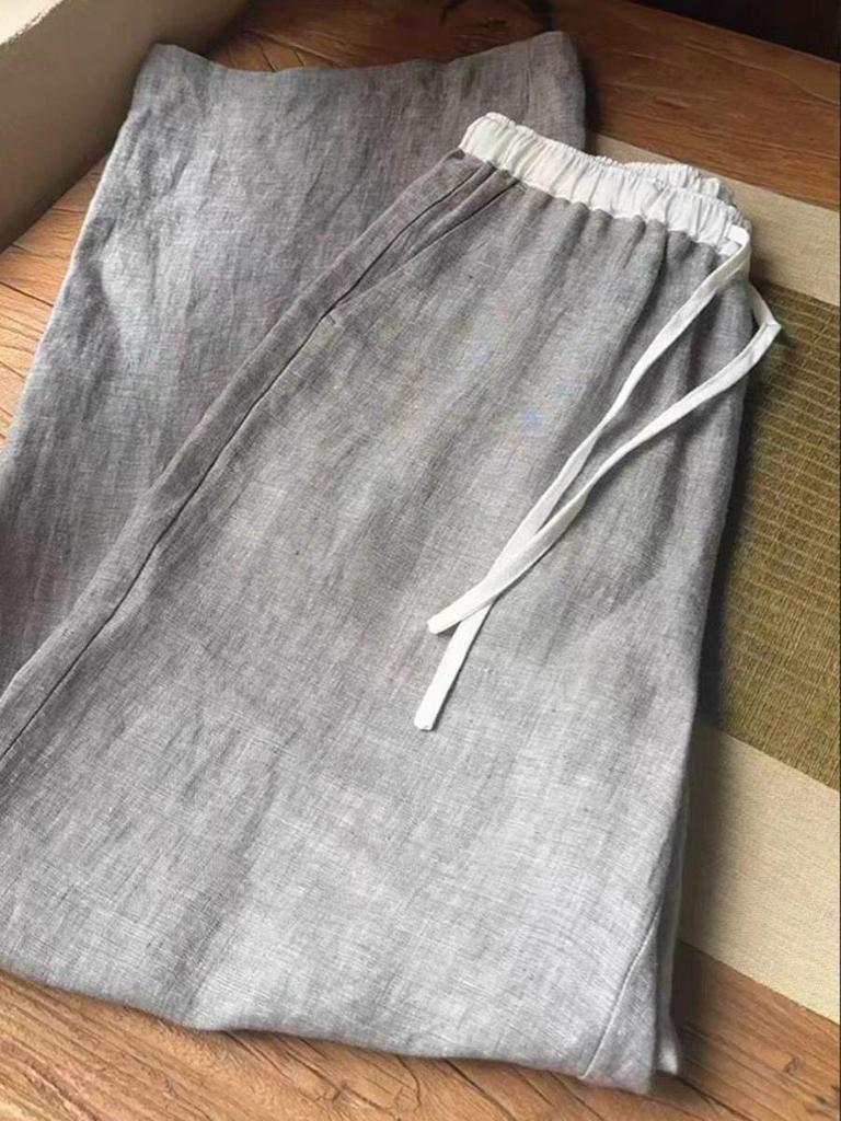 CHAO-Level Grey Patchwork Linen Wide-Leg Pants with Elastic Waistband and Drawstring