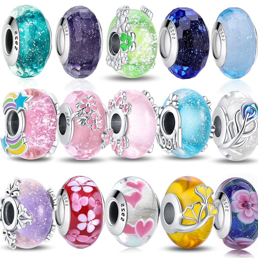 Margele Autentice din Cupru Sterling 925, Sticlă Colorată Murano, Charm Pene, Compatibil cu Brățară Moment, Cadouri Zircon Fin pentru Fete