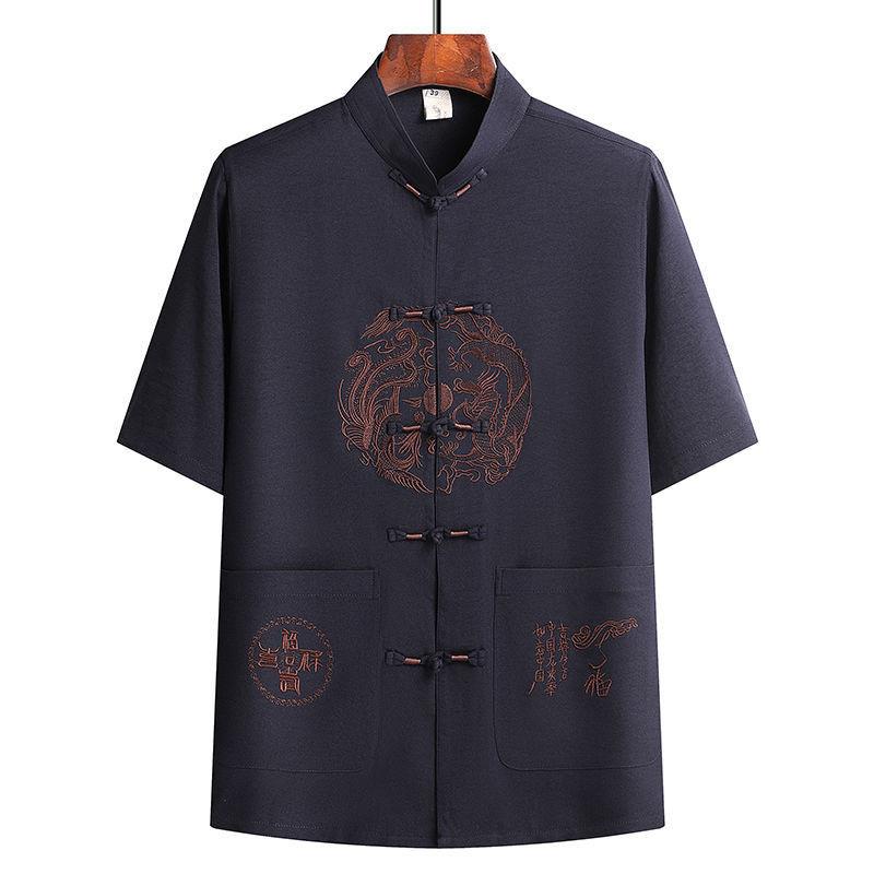 Chinese Style Mens Short Sleeve Suit With Dragon Phoenix Pattern Embroidery For Summer Casual Wear