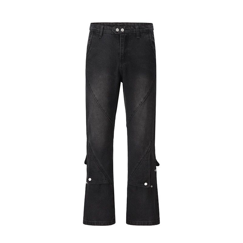 Black of Exit Chinese-Style Three-Dimensional Cut Patchwork Jeans for Men, American-Style Distressed Straight-Leg Loose Lumberjack Pants