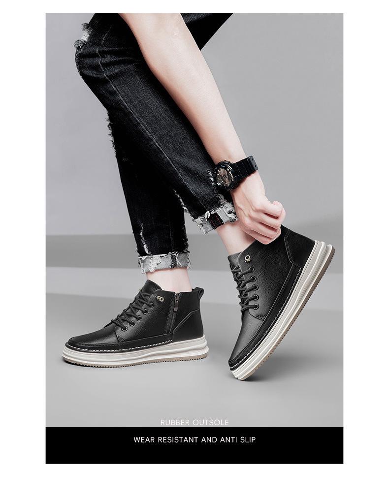 Men's Mid-Top Round Toe Lace-Up Leather Casual Shoes with Height Boost