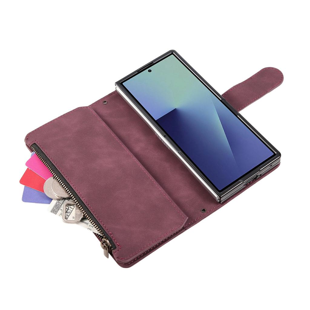 For Samsung Galaxy Z Fold7 5G Case Zipper Wallet Leather Phone Cover with Shoulder Strap