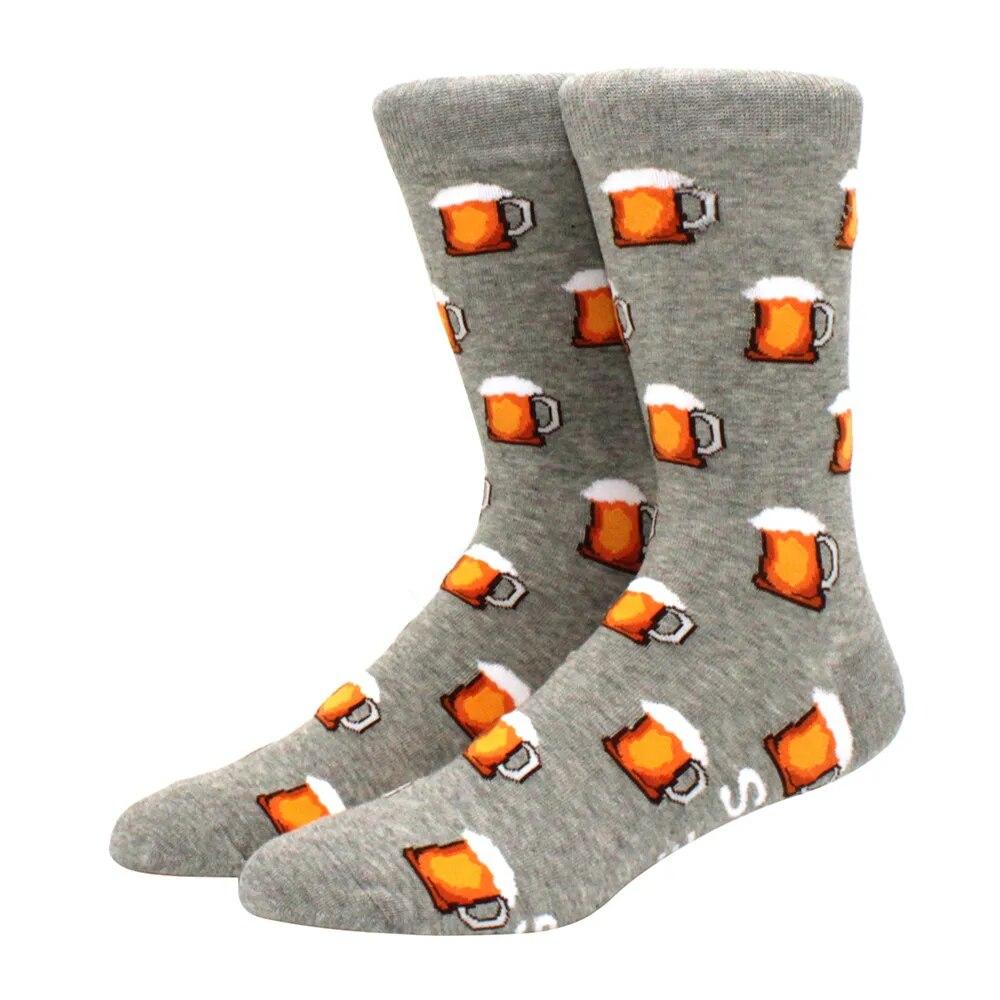 1 Pair Men's Fun Hip Hop Skateboard Beer Happy Art Print Mid Socks, EU38-46