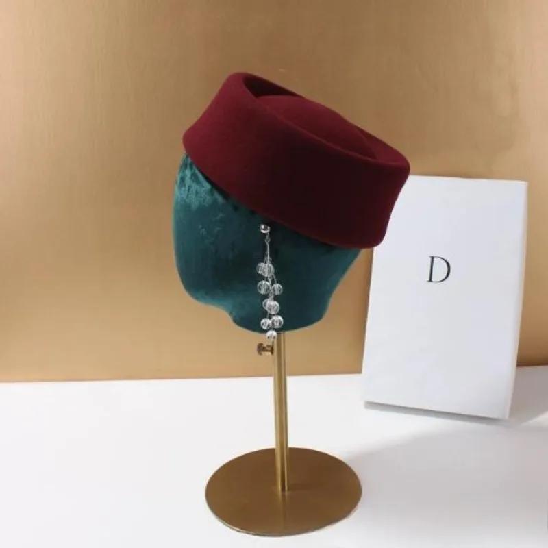 Women 100%  Wool Felt Berets Vintage Hard Concave Top Fedoras Hats Wedding Fascinator Hats Cocktail Party Bridal Pillbox Cap
