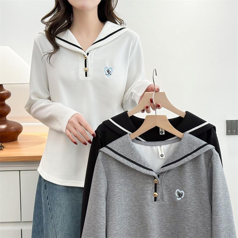 2026 Spring Plus Size Women's Sailor Collar Embroidered Hoodie - Long Sleeve, Casual Fashion for Chubby Girls