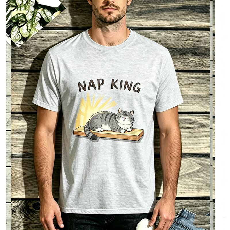 2026 New Unisex Cute Sleeping Cat Nap King Lazy Cat Graphic Short Sleeve TShirt Soft Cotton Vintage Casual Summer Top Pet Fans