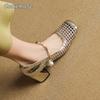 Fashion French Woven Hollowed Out Single Shoes Summer Breathable Square Toe High Heel Pumps PU Leather Mary Jane Shoes Zapatos De Mujer