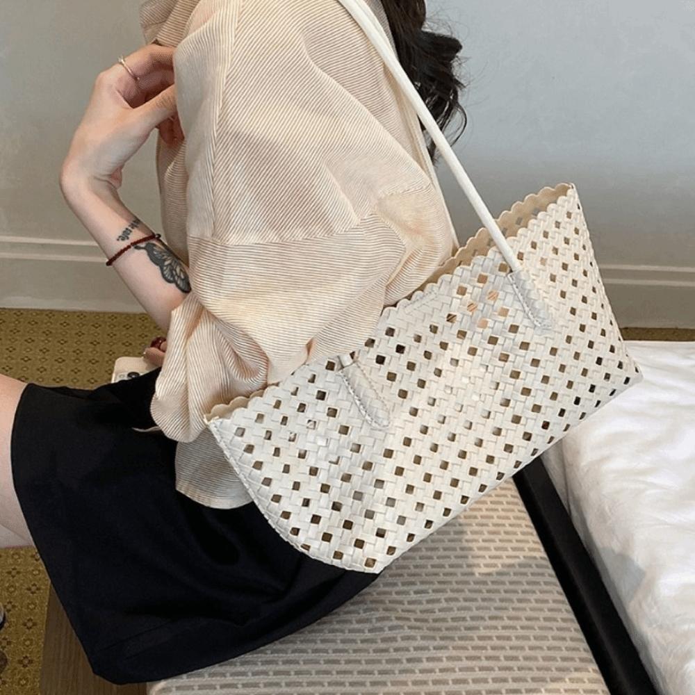 Foldable Hollow Out Weave Bag Large Capacity Beach Handbag Trendy Leather Woven Tote Bag Girls