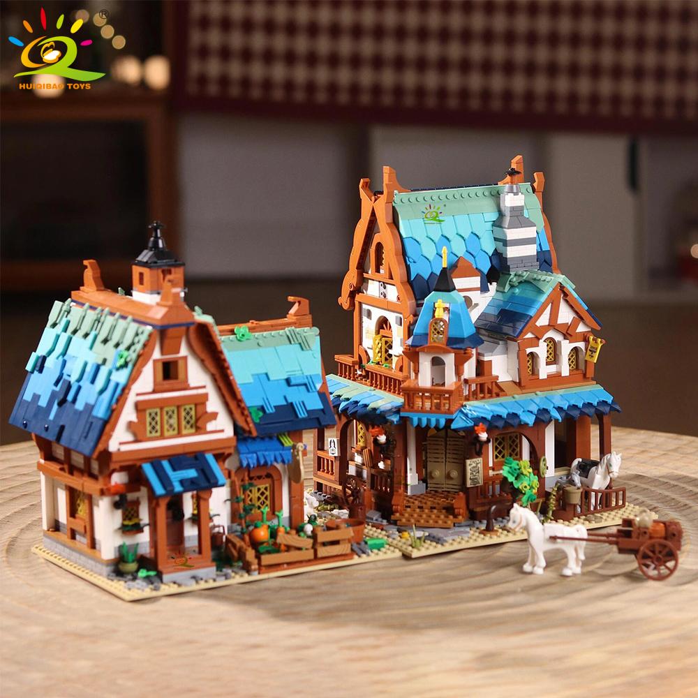 HUIQIBAO MOC Castle City Medieval Architecture Style House Micro Building Blocks Mini Brick Construction Toys for Children Gifts