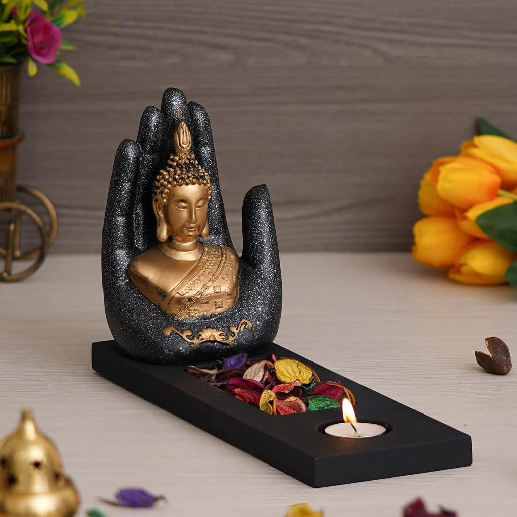 Grey Golden Resin Palm Buddha Statue Tea Light Candle Holder | Lord Buddha Idol Tea Light Holder | Diwali Decoration Items for Home Decor