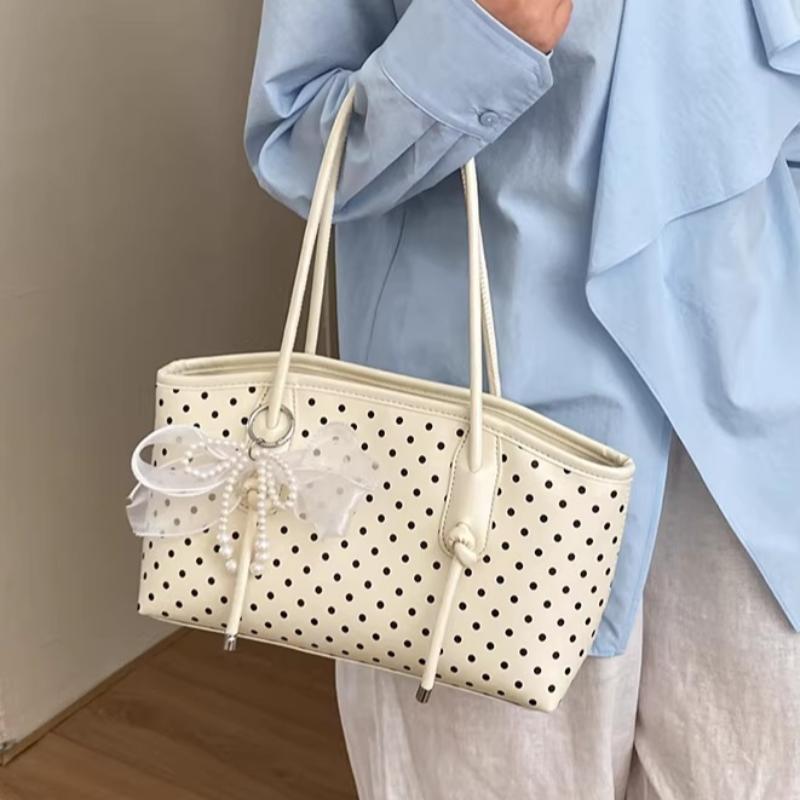 Korean Style Polka Dot Shoulder Bag For Women Elegant Underarm Bag With Pearl Bow Decor Large Capacity Daily Commuter Handbag