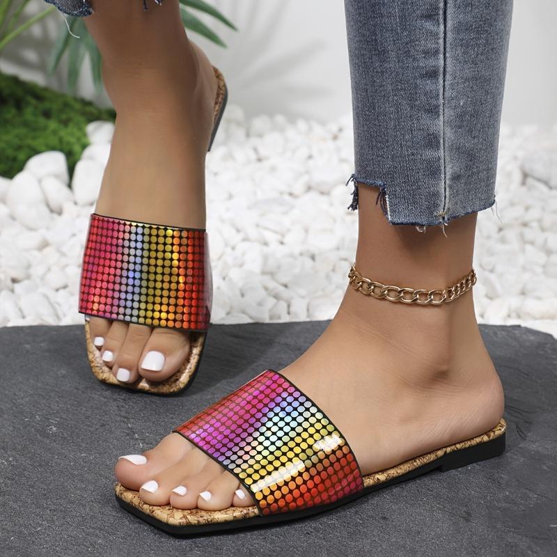 Summer New Rainbow Polka Dot Cool Slippers Women's Non-slip Lightweight Large Size Square Head Beach Shoes