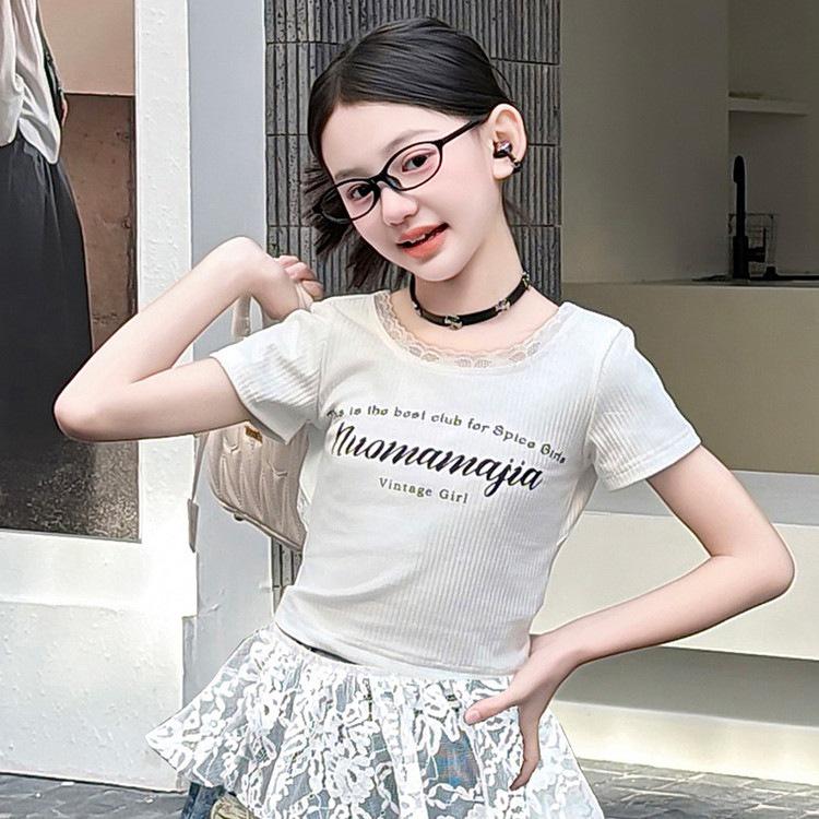 Girls' Trendy Backless T-Shirt & Jeans Set with Lace Jazz Dance Cover