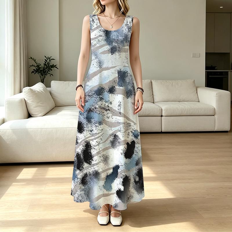 Women's Bohemian A-Line Maxi Dress Ink Wash Print Sleeveless Lightweight Casual Dress,Fashion Versatile Everyday Wear