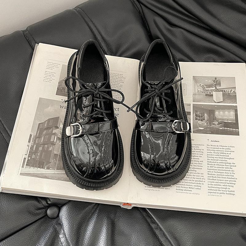 

British style design sense thick sole heightening small leather shoes women s autumn and winter Korean version versatile lace-up belt buckle loafer s 39
