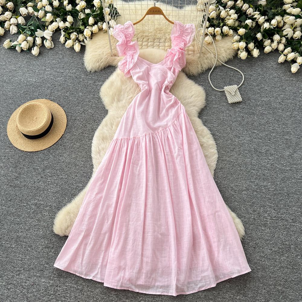 French ruffle leaf edge square neck dress women's summer new high waist thin holiday style temperament dress