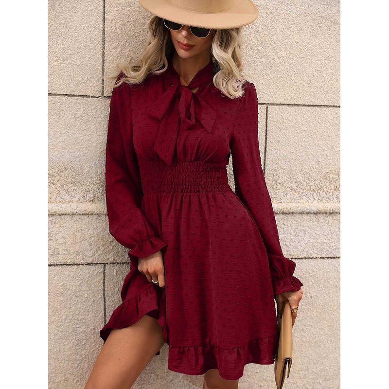 

Autumn and Winter Best Selling European and American Women s Clothing Waist Pure Color Bow Tie Long Sleeves Dress Women Solid V-neck Dress Red S