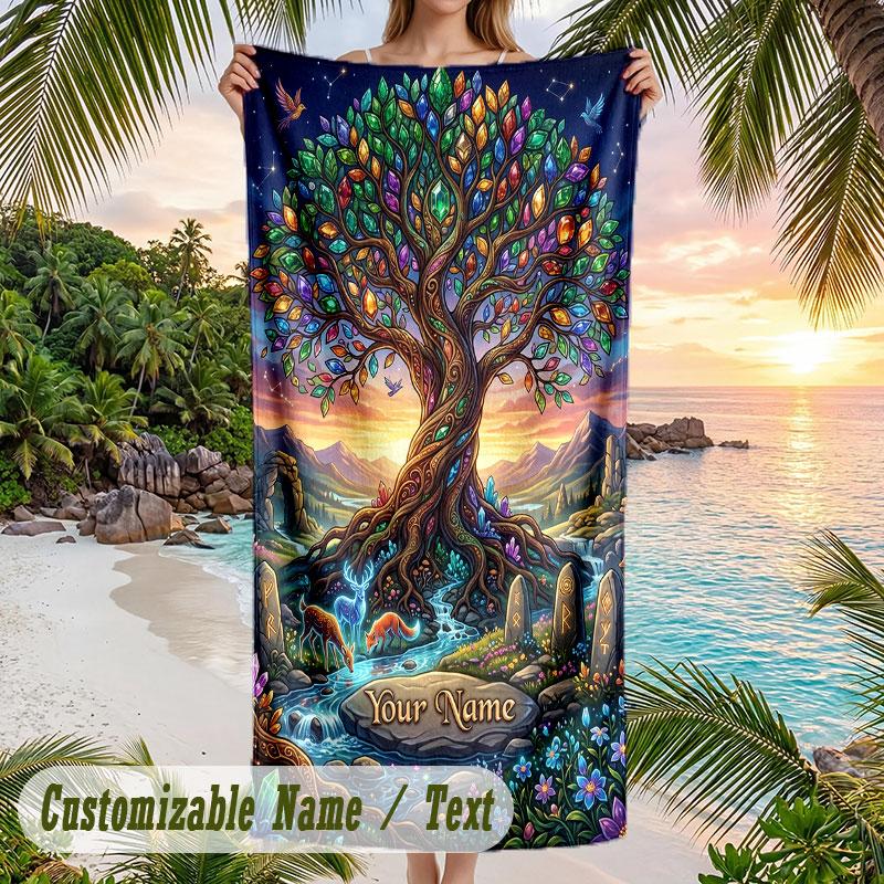 Tree Life Fantasy Artwork Theme Quick Dry Beach Towel Custom Name Text Print Large Sand Resistant Towel Beach Vacation