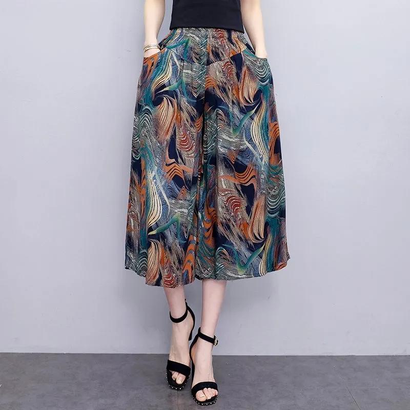 Summer Wide Leg Pants Women Ethnic Style Elastic High Waist Print Pants Female Casual Summer Calf-Length Pants Skirts