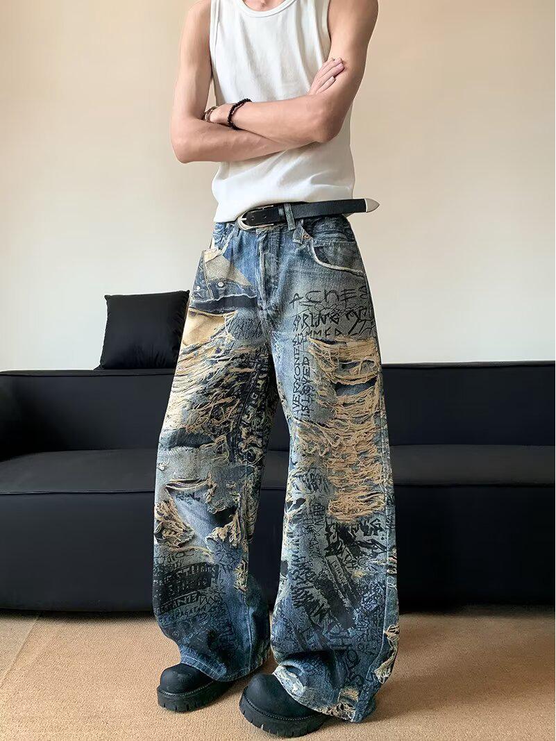 Women s Retro Graffiti Wide Leg Jeans - Casual Distressed Long Pants XXXL синий
