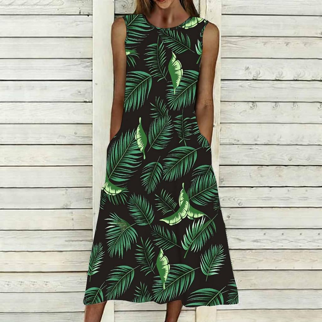 Plus Size Women Sleeveless Crew Neck Dress Fresh Mini Bouquet Flowy Mid Calf Dress