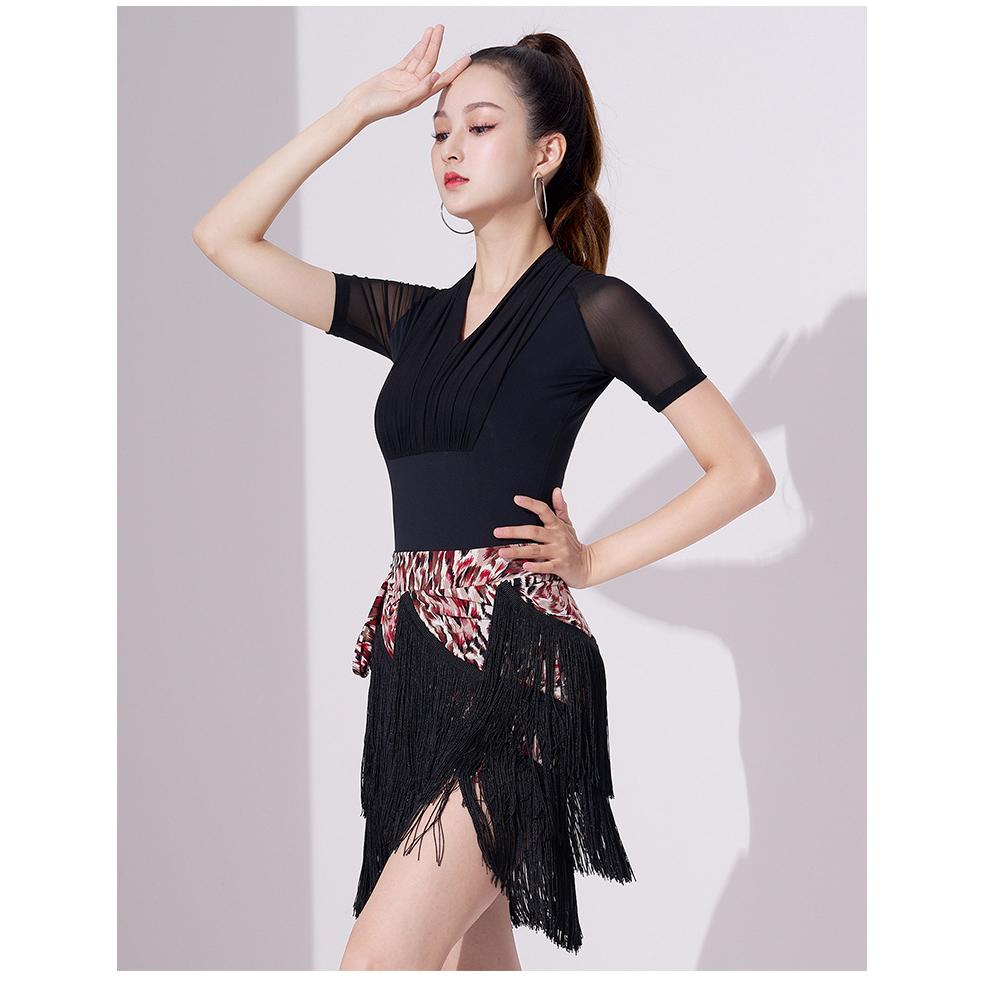 Women Latin Dance Dress Training Suit Short Skirt Sexy Tassel Three-Layer Fringe Dance Costume Training Suit Short Skirt Black