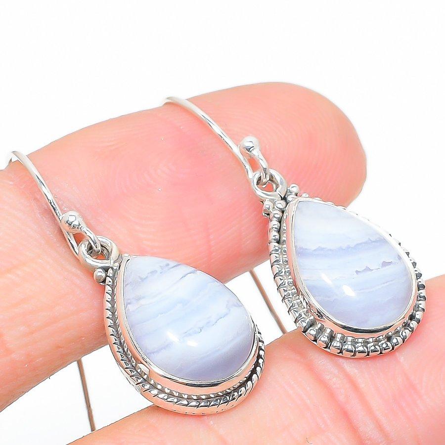 Natural Blue Lace Agate Gemstone 925 Solid Sterling Silver Earring 1.25" V3a26